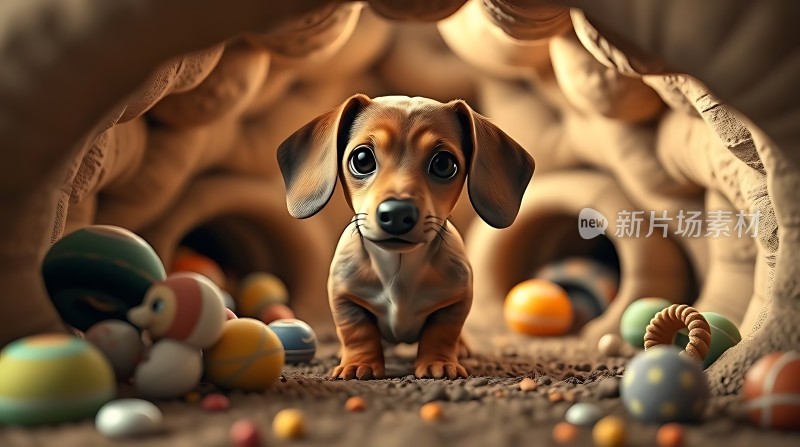 小狗洞中探出头周围散落着彩色球体