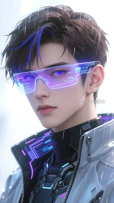 未来科技感人物紫色眼睛与蓝色发光眼镜