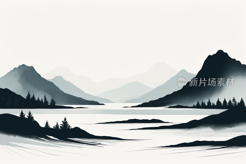 一个山湖的黑白插图高清背景图片