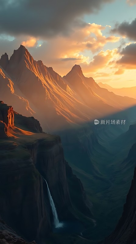 日出时分的壮丽山谷瀑布景观