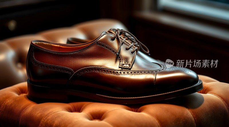 棕色皮鞋置于柔软座椅之上细节精致质感十足