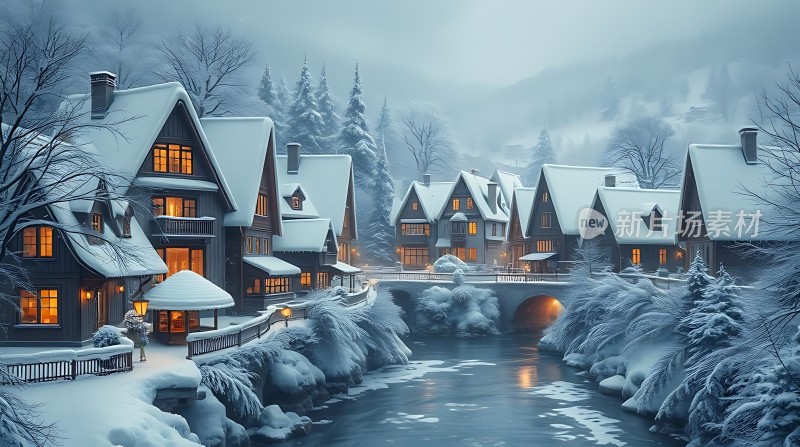 雪夜小镇温馨宁静