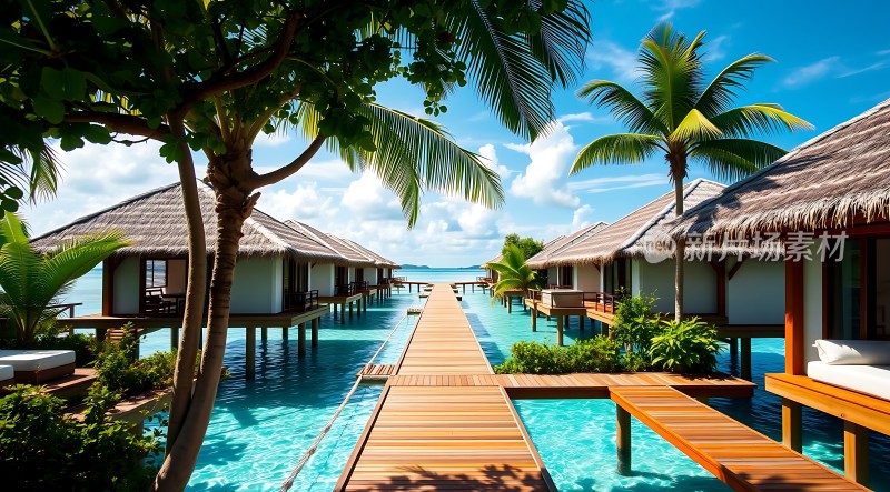 碧海蓝天下的水上木屋度假村