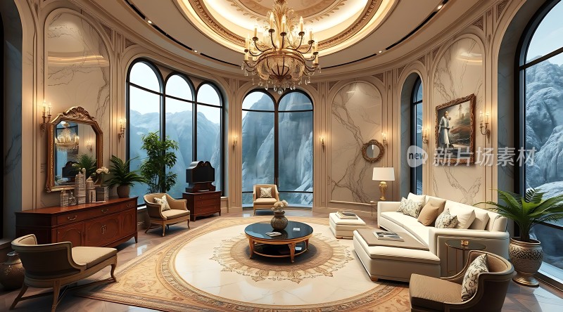 豪华客厅大理石墙面圆形吊灯舒适沙发精美装饰品