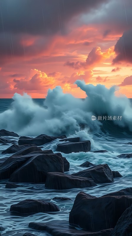 日落时分的海浪与岩石