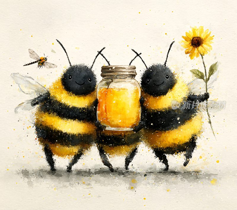 三只蜜蜂抱蜂蜜罐插画