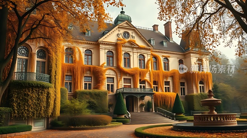 秋日古堡金黄藤蔓缠绕神秘而美丽