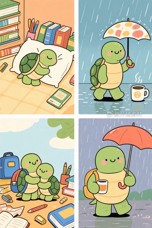 卡通乌龟四格生活插画