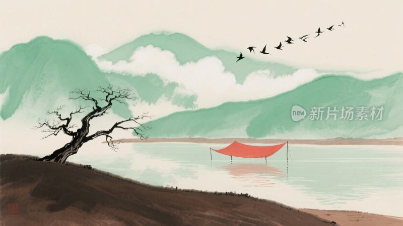 水墨山水飞鸟图