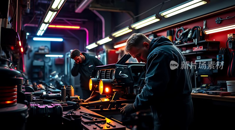 新片场素材车间里两位工人专注维修汽车