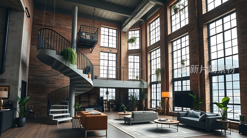 工业风大宅螺旋楼梯与舒适沙发