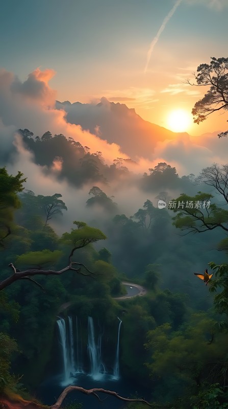 日出瀑布森林奇景