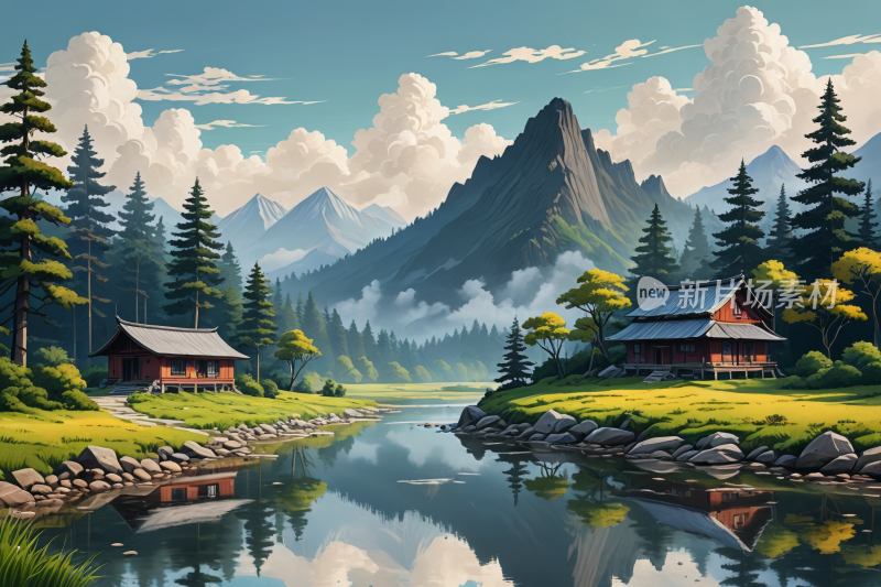 有河流和小屋山景高清风景插画图片