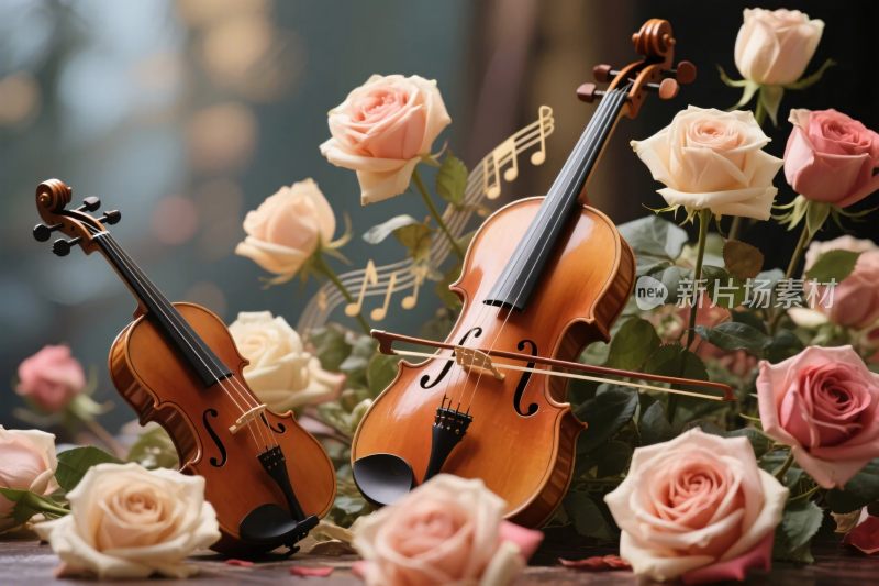 小提琴与玫瑰花艺术画面