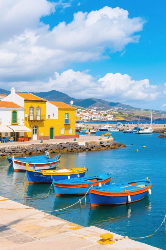 海边彩色房屋与停泊小船景象