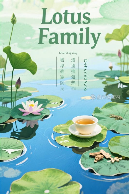 荷花水景茶韵插画