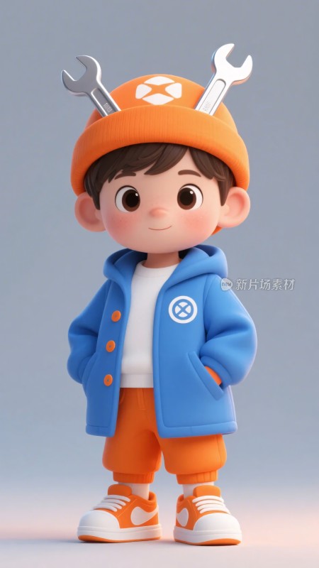 戴扳手帽的卡通小男孩形象