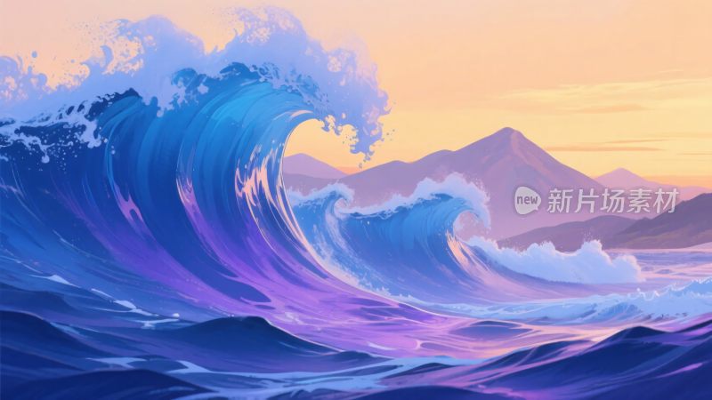 绚丽海浪与远山的美丽景象