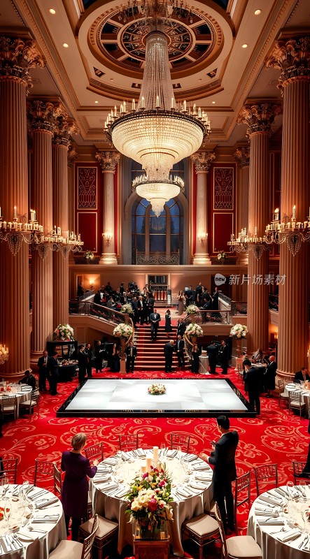 豪华宴会厅红毯铺地金色吊灯高悬宾客云集氛围奢华