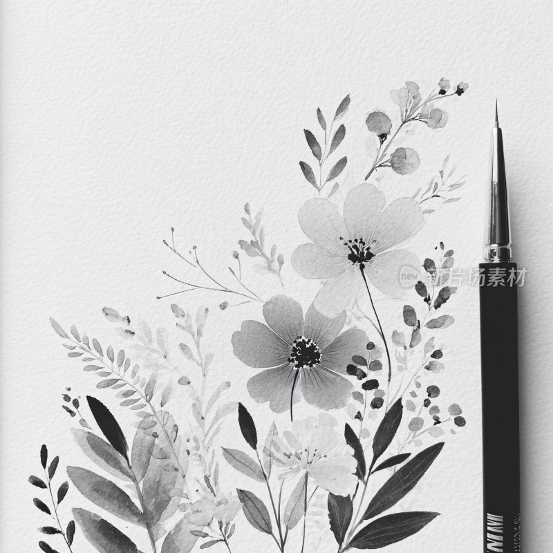 黑白花卉与画笔插画