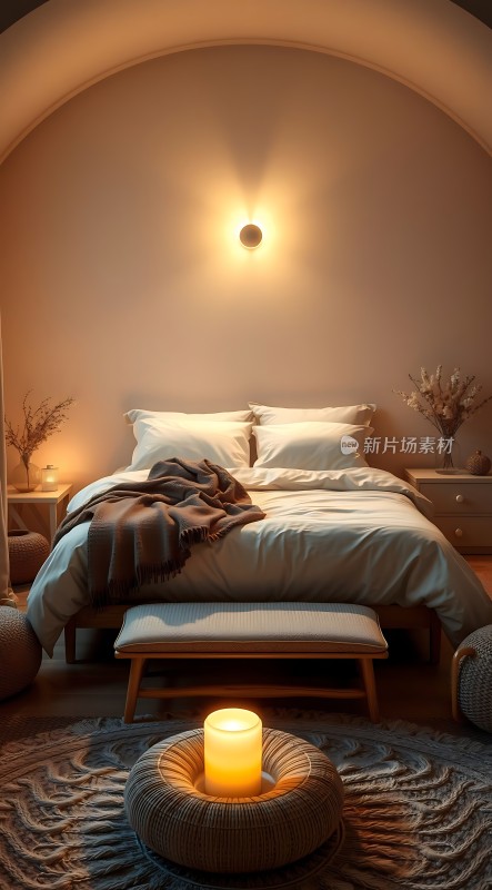 温馨卧室舒适床铺与柔和灯光营造宁静氛围