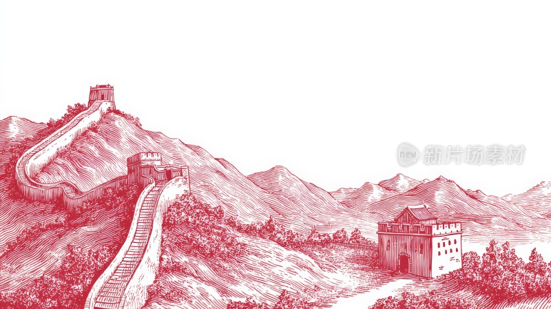 红色线条勾勒的长城