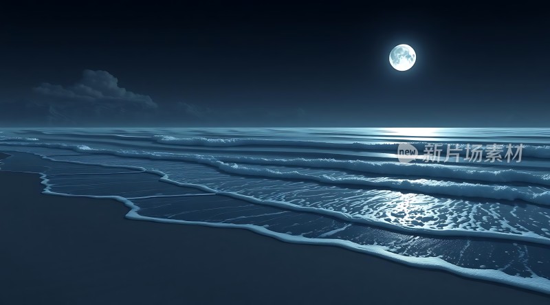 月下海浪轻拍沙滩