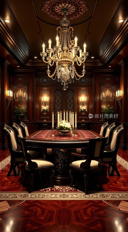 豪华餐厅红木餐桌椅精美吊灯温馨氛围