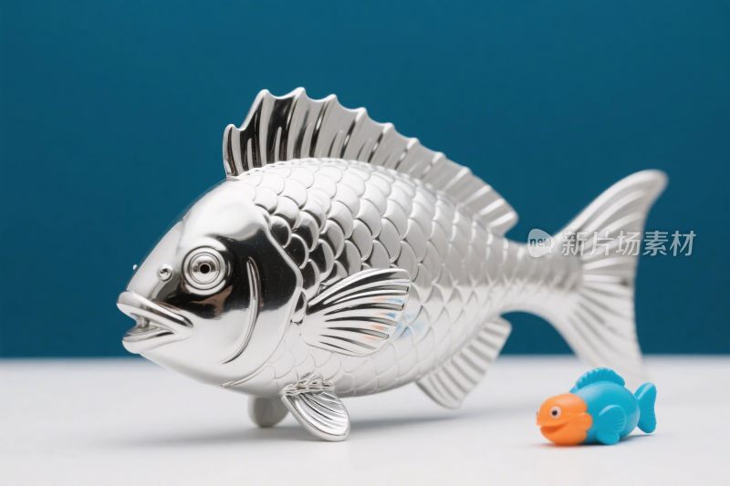 银色鱼摆件与小蓝鱼模型
