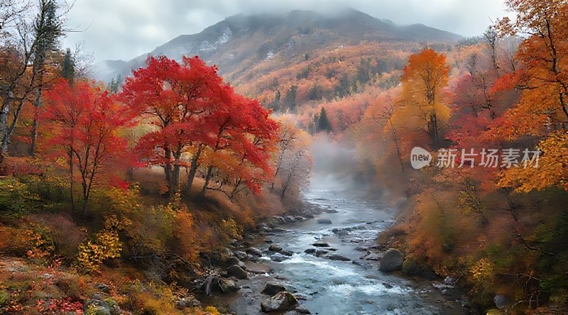 秋日山间溪流红叶美景