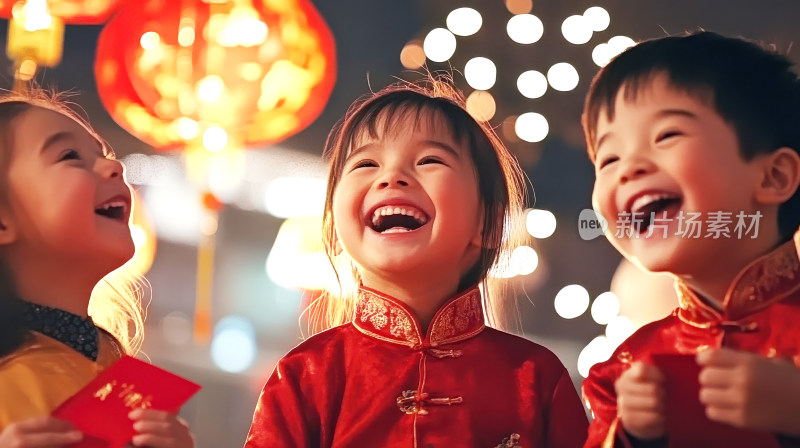 中国新年春节元宵节儿童小孩小女孩开心的笑