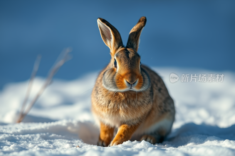 一只兔子坐在雪地里高清图片