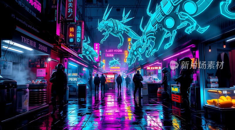 霓虹灯下的未来都市风情街