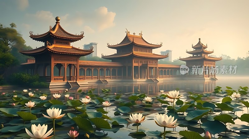 湖畔古亭映荷花