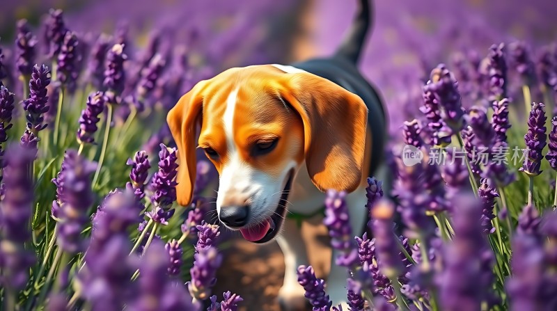 三色小狗漫步薰衣草花海