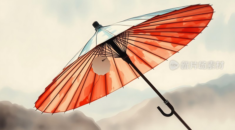 红色油纸伞映衬下的山景图