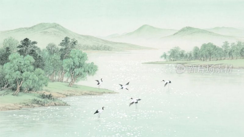 中式山水飞鸟风景图