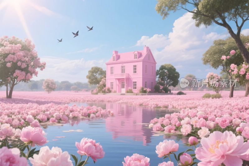 粉色梦幻房屋与花海