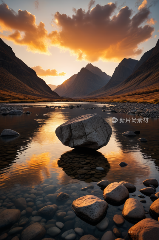 一条山脉的河中央掠过岩石高清风景图片