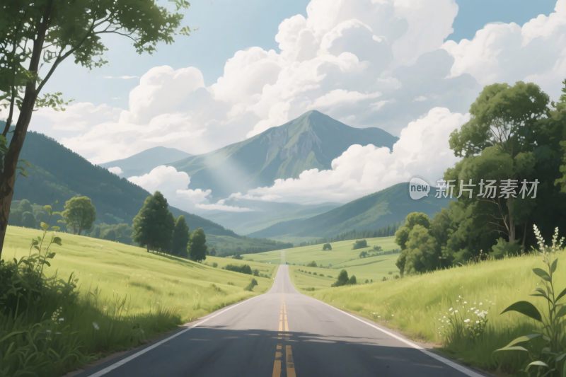 公路远山风景插画