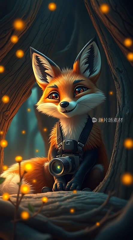 萤火虫下的森林摄影师狐狸