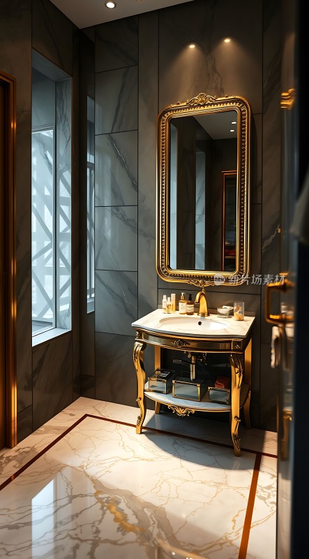 金色卫浴镜面奢华洗手台大理石墙面