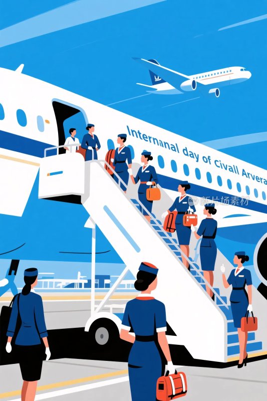 机场空姐登机插画场景