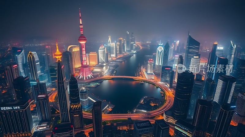 上海夜景黄浦江畔灯火辉煌摩天大楼璀璨夺目