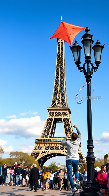 巴黎铁塔前放风筝的欢乐时光