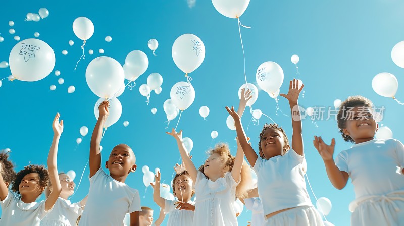 蓝天白云下孩子们放飞气球快乐成长