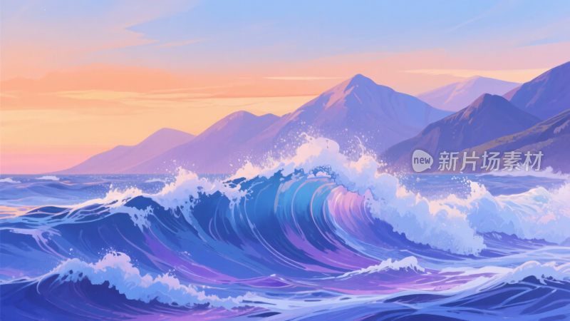 海上壮丽波浪与远山风景