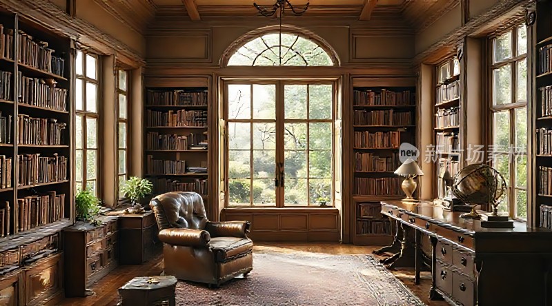 古色古香书房书架、大窗、皮椅、地球仪