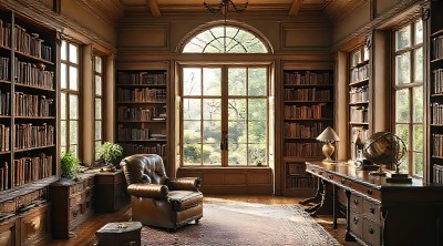 古色古香书房书架、大窗、皮椅、地球仪 古色古香书房书架、大窗、皮椅、地球仪