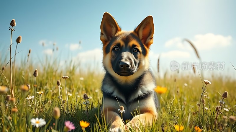 阳光下的草地上的小狗